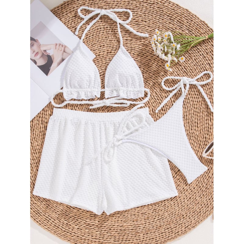 Trojdielny bikini set s textúrovanou látkou s bodkami, európsky/americký štýl, s výstelkou na hrudi