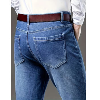 Pánske džínsy z denimu so štíhlym strihom, elastické, bežný obchodný štýl, stredný pás, svetlomodré, bez opaskových slučiek