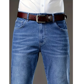 Pánske džínsy z denimu so štíhlym strihom, elastické, bežný obchodný štýl, stredný pás, svetlomodré, bez opaskových slučiek