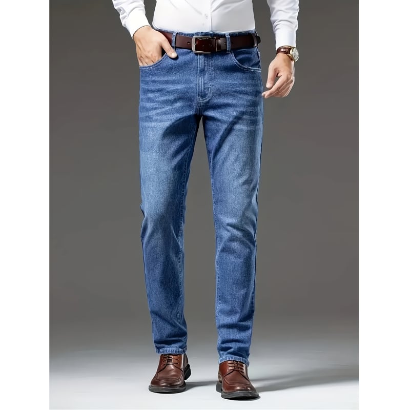 Pánske džínsy z denimu so štíhlym strihom, elastické, bežný obchodný štýl, stredný pás, svetlomodré, bez opaskových slučiek