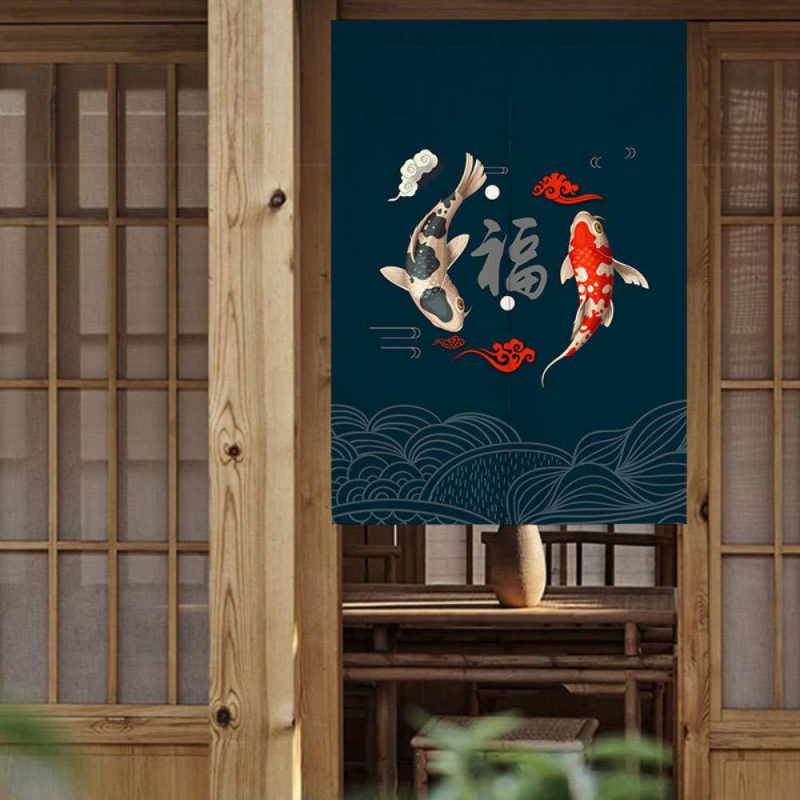 Kék koi motívumos textilajtófüggöny hálószoba és konyha részére, feng shui stílusban