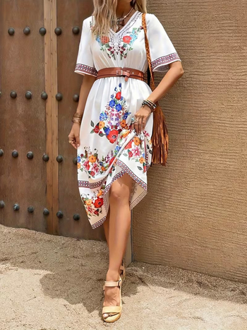 Plus-Size γυναικείο πλεκτό φόρεμα με Harajuku εκτύπωση, μακρύ V-λαιμό, μανίκια 5/4