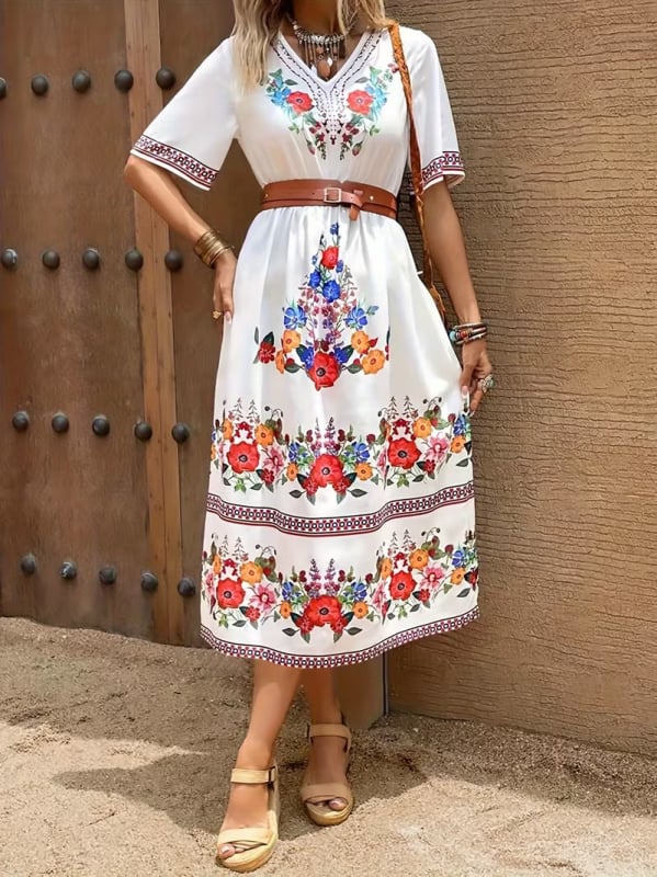 Plus-Size γυναικείο πλεκτό φόρεμα με Harajuku εκτύπωση, μακρύ V-λαιμό, μανίκια 5/4