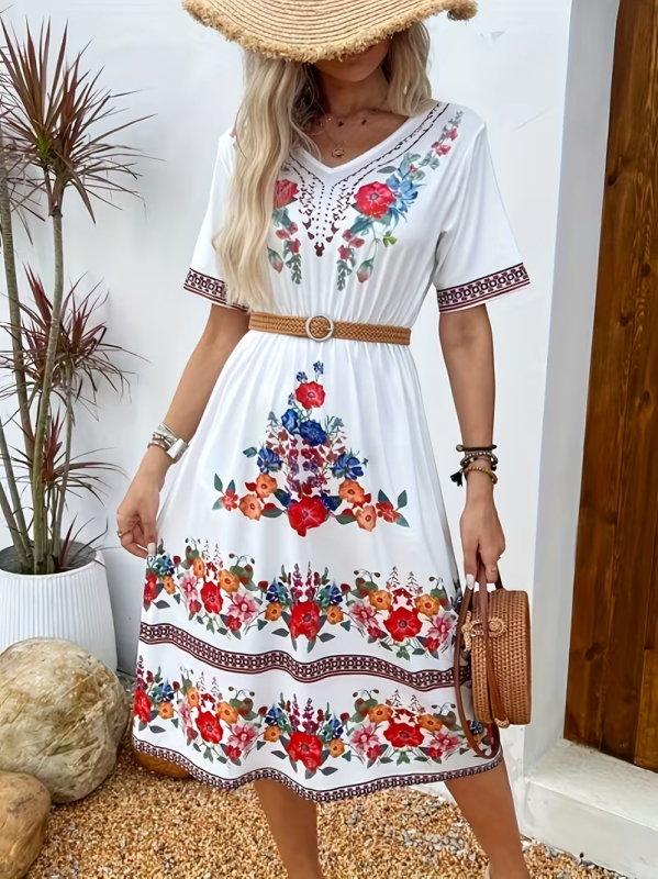 Plus-Size γυναικείο πλεκτό φόρεμα με Harajuku εκτύπωση, μακρύ V-λαιμό, μανίκια 5/4