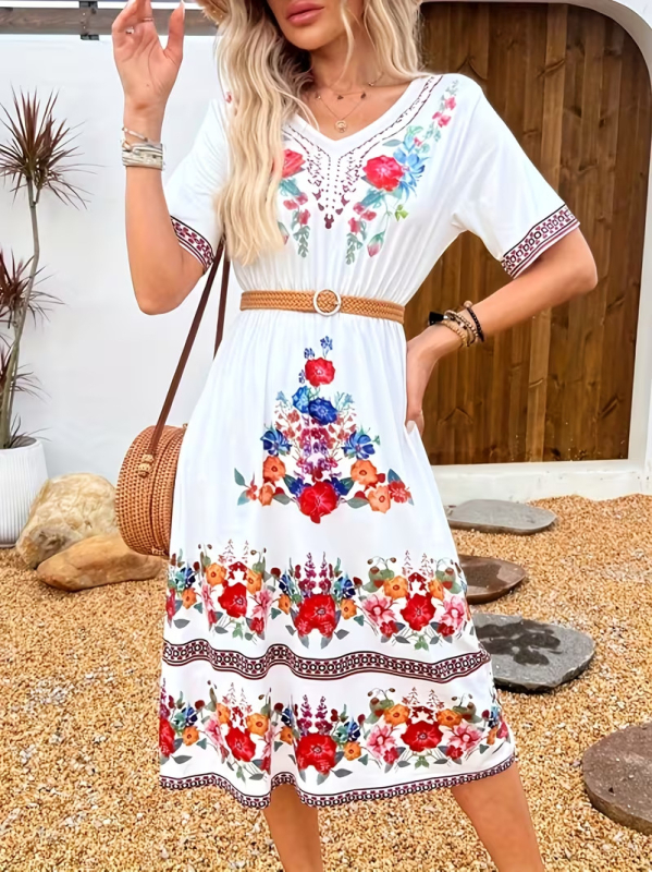 Plus-Size γυναικείο πλεκτό φόρεμα με Harajuku εκτύπωση, μακρύ V-λαιμό, μανίκια 5/4