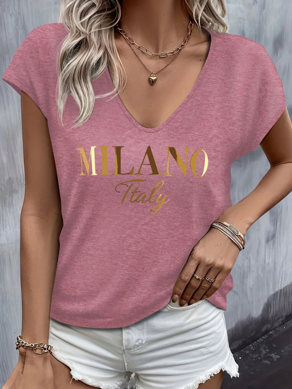 Milano tričko s nápisom, V výstrih, krátke rukávy – pohodlný bežný top