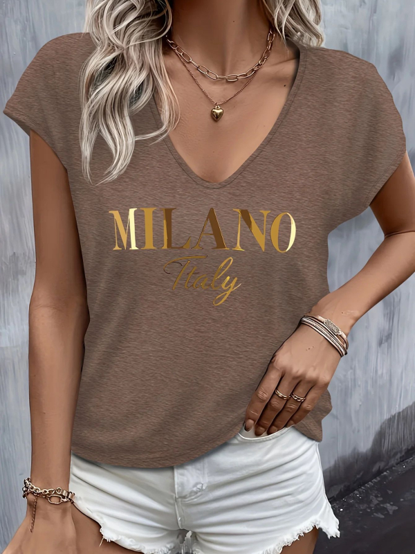 Milano tričko s nápisom, V výstrih, krátke rukávy – pohodlný bežný top