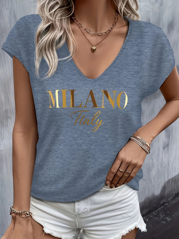 Milano tričko s nápisom, V výstrih, krátke rukávy – pohodlný bežný top