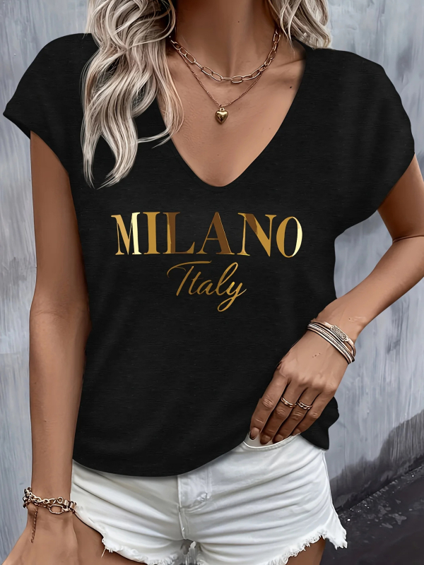Milano tričko s nápisom, V výstrih, krátke rukávy – pohodlný bežný top