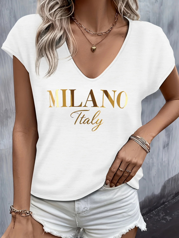 Milano tričko s nápisom, V výstrih, krátke rukávy – pohodlný bežný top
