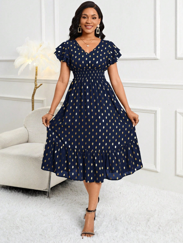 Μίντι φόρεμα με V-ντεκολτέ, πουά εκτύπωση, ρετρό κομψό στυλ, χωρίς μανίκια