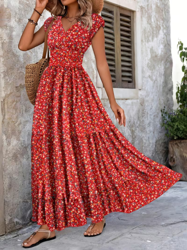 Plus-Size γυναικείο φόρεμα με εκτύπωση, V-λαιμό, ζώνη στη μέση, μακρύ φόρεμα, πολυεστέρας, καλοκαίρι 2026