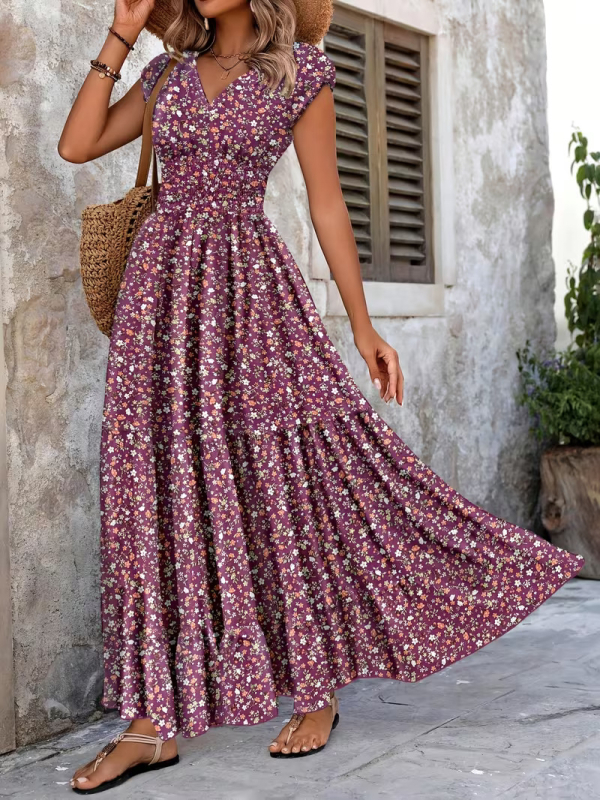 Plus-Size γυναικείο φόρεμα με εκτύπωση, V-λαιμό, ζώνη στη μέση, μακρύ φόρεμα, πολυεστέρας, καλοκαίρι 2026