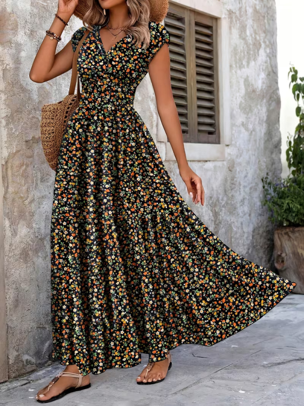 Plus-Size γυναικείο φόρεμα με εκτύπωση, V-λαιμό, ζώνη στη μέση, μακρύ φόρεμα, πολυεστέρας, καλοκαίρι 2026