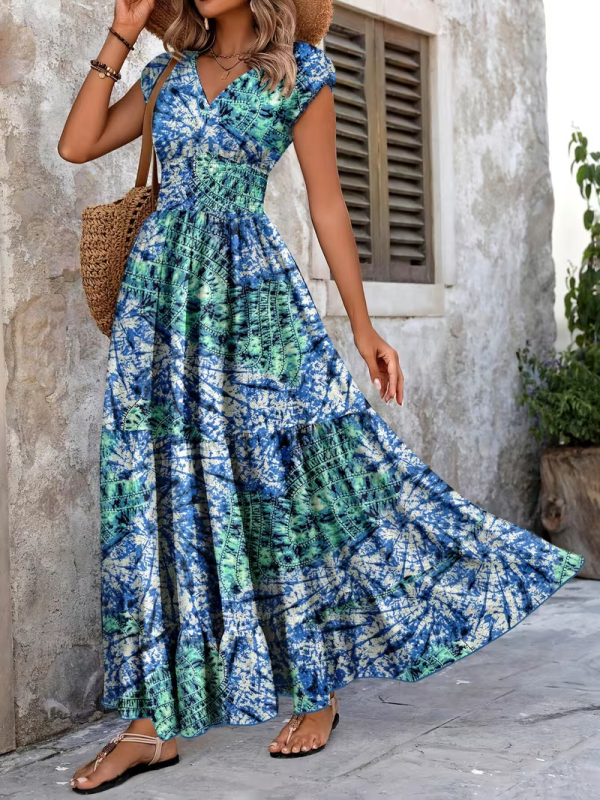 Plus-Size γυναικείο φόρεμα με εκτύπωση, V-λαιμό, ζώνη στη μέση, μακρύ φόρεμα, πολυεστέρας, καλοκαίρι 2026