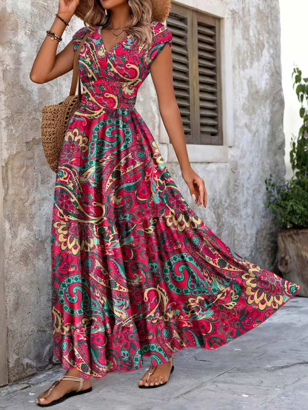 Plus-Size γυναικείο φόρεμα με εκτύπωση, V-λαιμό, ζώνη στη μέση, μακρύ φόρεμα, πολυεστέρας, καλοκαίρι 2026