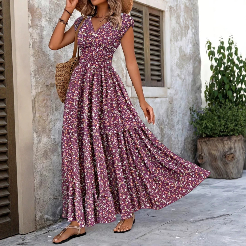 Plus-Size γυναικείο φόρεμα με εκτύπωση, V-λαιμό, ζώνη στη μέση, μακρύ φόρεμα, πολυεστέρας, καλοκαίρι 2026