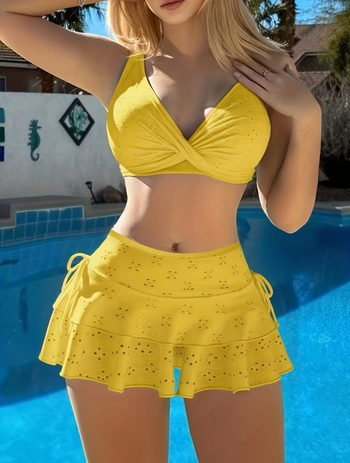 Ženský trojdielny plavkový set s sieťovaným bikini topom a zodpovedajúcou slnečnou sukňou (polyester 95%, elastán 5%)