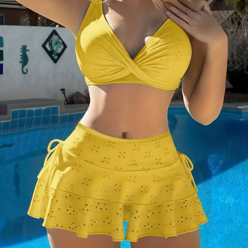 Ženský trojdielny plavkový set s sieťovaným bikini topom a zodpovedajúcou slnečnou sukňou (polyester 95%, elastán 5%)