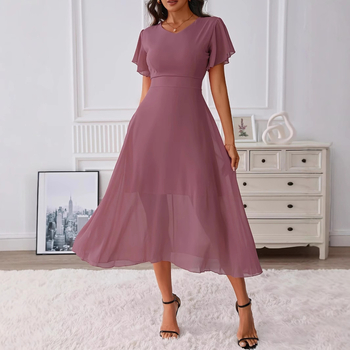 Γυναικείο φόρεμα chiffon με V-λαιμό, μέση στη μέση, Α-γραμμή, μακριά φούστα, κοντά πλισέ μανίκια, καλοκαίρι 2025