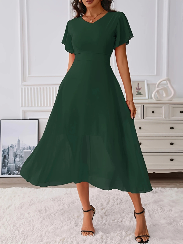 Γυναικείο φόρεμα chiffon με V-λαιμό, μέση στη μέση, Α-γραμμή, μακριά φούστα, κοντά πλισέ μανίκια, καλοκαίρι 2025