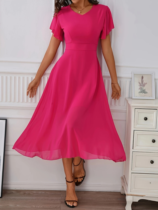 Γυναικείο φόρεμα chiffon με V-λαιμό, μέση στη μέση, Α-γραμμή, μακριά φούστα, κοντά πλισέ μανίκια, καλοκαίρι 2025