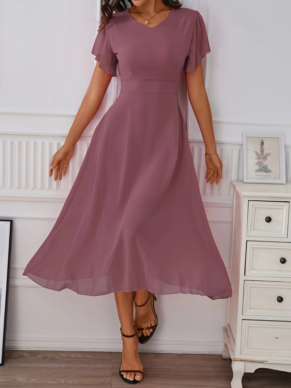 Γυναικείο φόρεμα chiffon με V-λαιμό, μέση στη μέση, Α-γραμμή, μακριά φούστα, κοντά πλισέ μανίκια, καλοκαίρι 2025