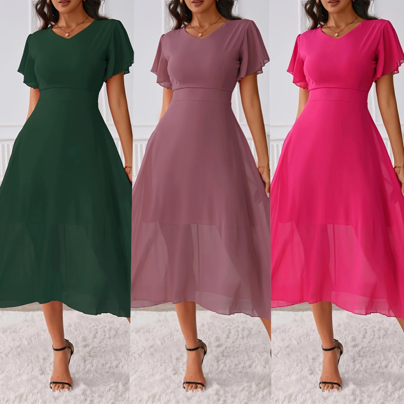 Γυναικείο φόρεμα chiffon με V-λαιμό, μέση στη μέση, Α-γραμμή, μακριά φούστα, κοντά πλισέ μανίκια, καλοκαίρι 2025