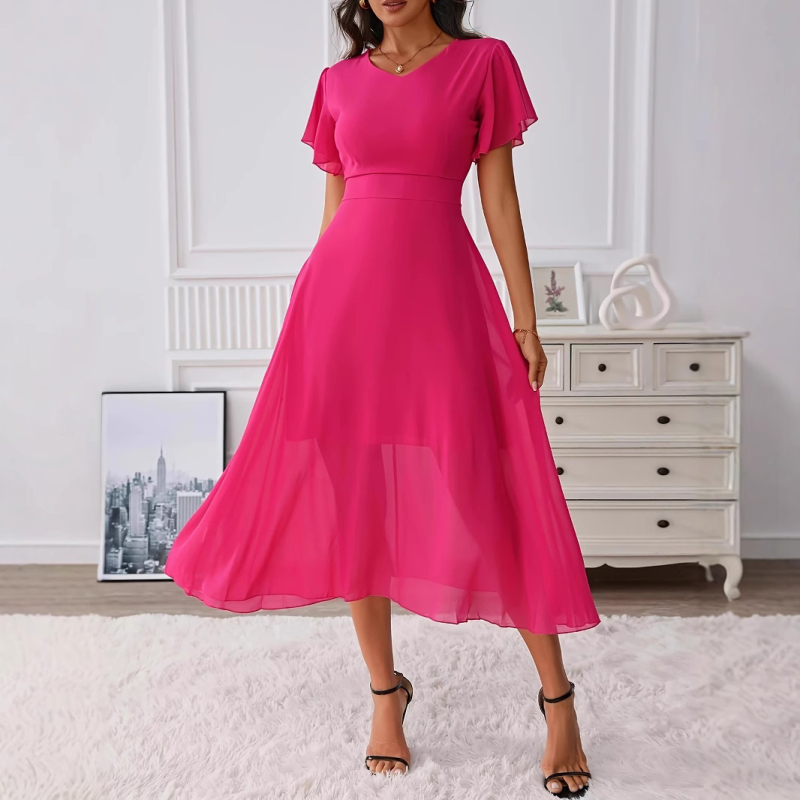 Γυναικείο φόρεμα chiffon με V-λαιμό, μέση στη μέση, Α-γραμμή, μακριά φούστα, κοντά πλισέ μανίκια, καλοκαίρι 2025