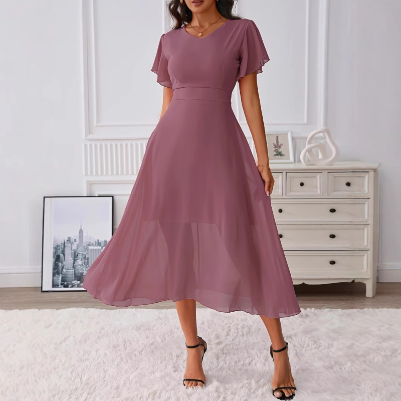 Γυναικείο φόρεμα chiffon με V-λαιμό, μέση στη μέση, Α-γραμμή, μακριά φούστα, κοντά πλισέ μανίκια, καλοκαίρι 2025