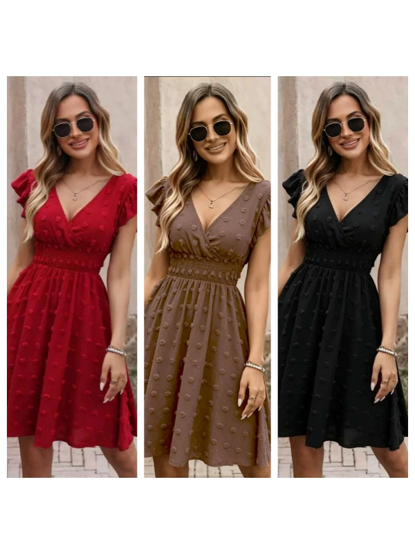 Φούρεμα Jacquard με V-λαιμό, βολάν κοντά μανίκια, υψηλή μέση, Α-γραμμή, μήκος midi