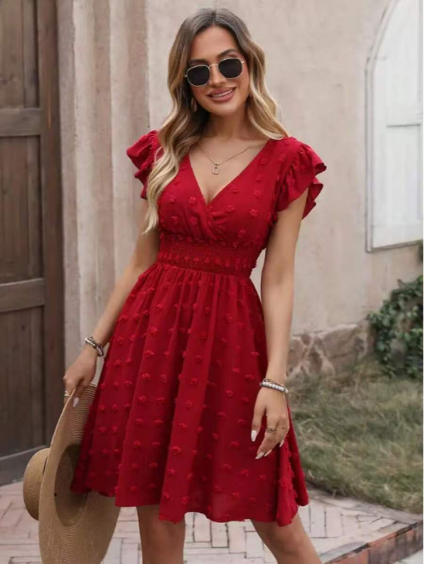 Φούρεμα Jacquard με V-λαιμό, βολάν κοντά μανίκια, υψηλή μέση, Α-γραμμή, μήκος midi