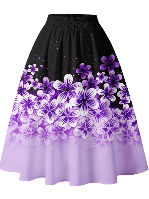 Fustă midi în linie A, talie înaltă, imprimeu floral 3D digital, poliester, vară
