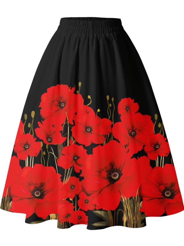 Fustă midi în linie A, talie înaltă, imprimeu floral 3D digital, poliester, vară