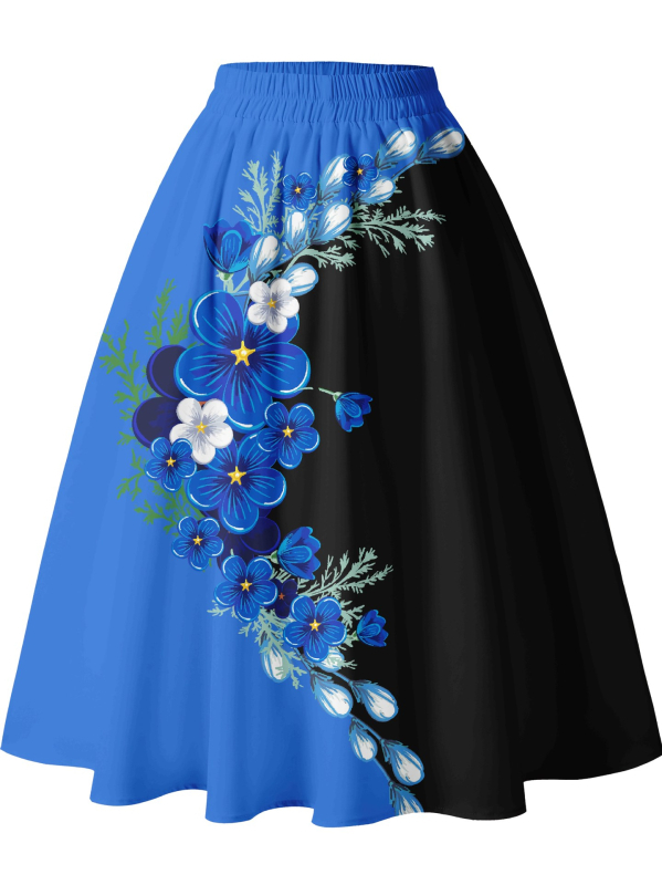 Fustă midi în linie A, talie înaltă, imprimeu floral 3D digital, poliester, vară