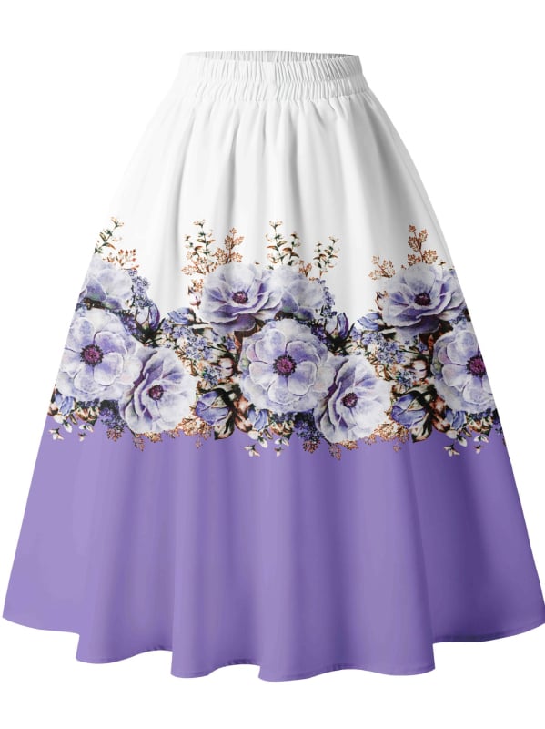 Fustă midi în linie A, talie înaltă, imprimeu floral 3D digital, poliester, vară