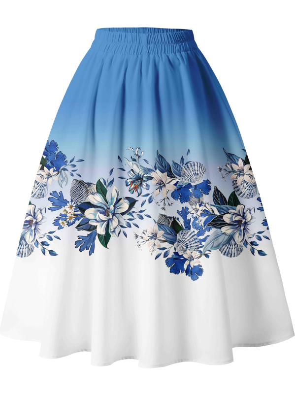 Fustă midi în linie A, talie înaltă, imprimeu floral 3D digital, poliester, vară