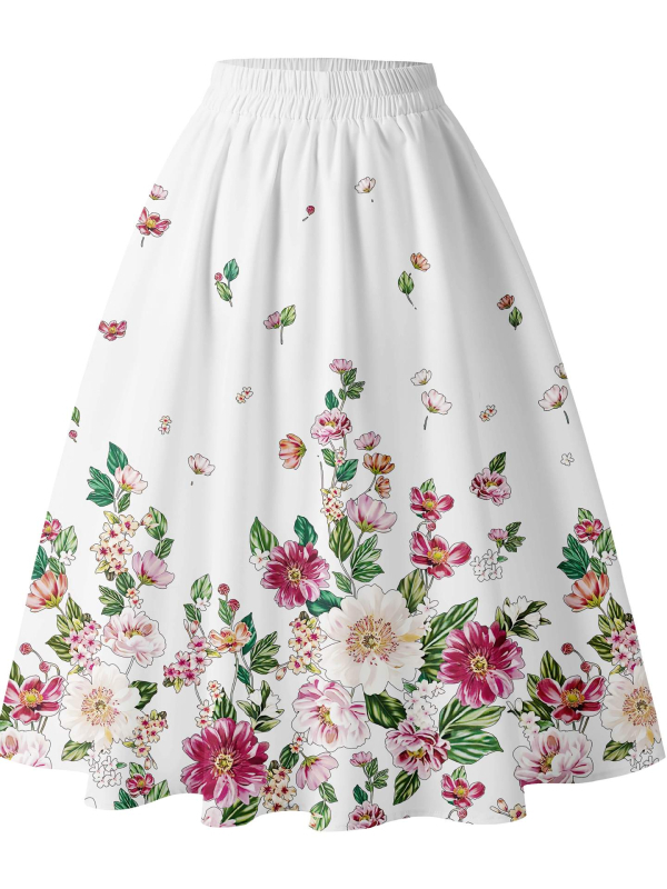 Fustă midi în linie A, talie înaltă, imprimeu floral 3D digital, poliester, vară