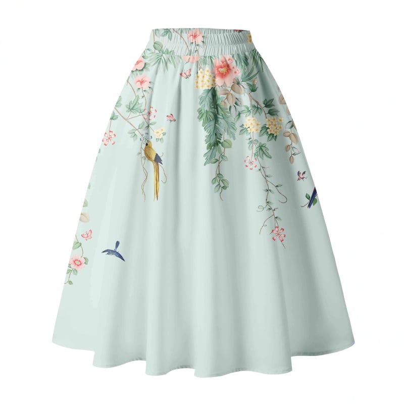 Fustă midi în linie A, talie înaltă, imprimeu floral 3D digital, poliester, vară