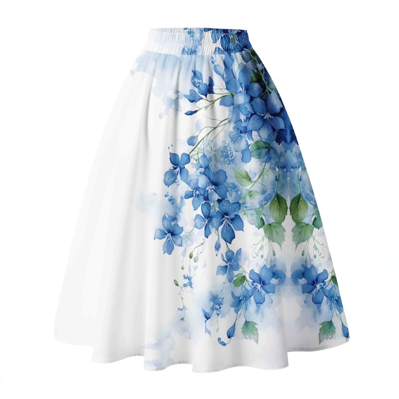 Fustă midi în linie A, talie înaltă, imprimeu floral 3D digital, poliester, vară