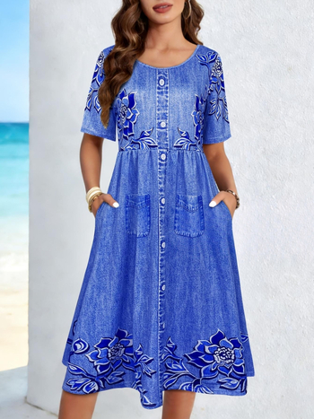 Μίντι φόρεμα με φλοράλ τύπωμα σε denim-εφέ, κοντό μανίκι, χαλαρό καλοκαιρινό στυλ