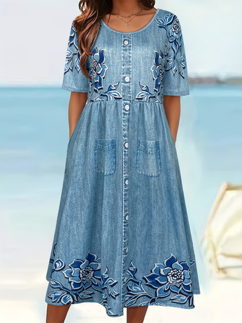 Μίντι φόρεμα με φλοράλ τύπωμα σε denim-εφέ, κοντό μανίκι, χαλαρό καλοκαιρινό στυλ