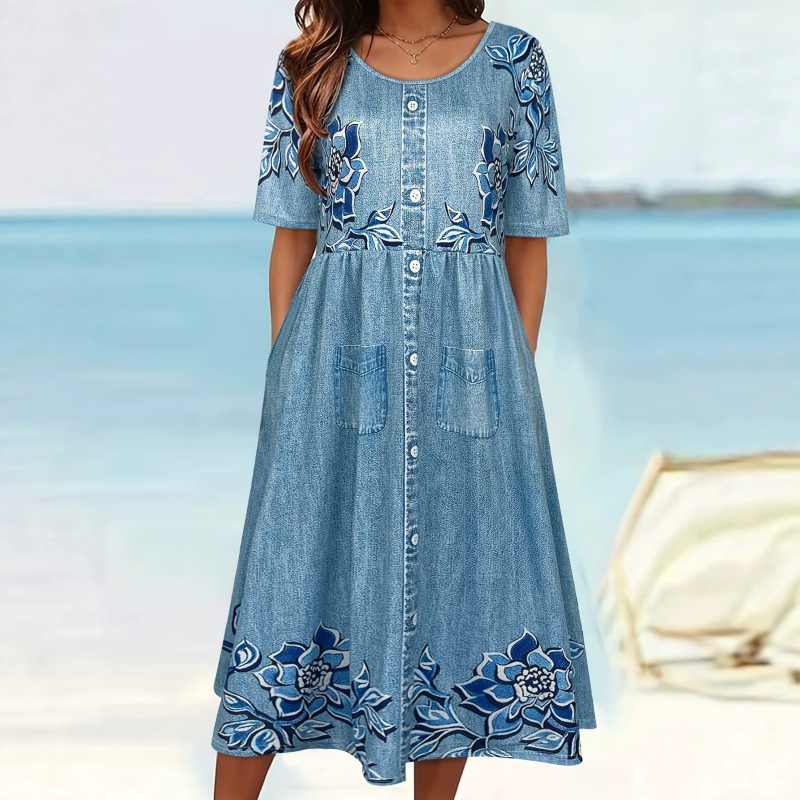 Μίντι φόρεμα με φλοράλ τύπωμα σε denim-εφέ, κοντό μανίκι, χαλαρό καλοκαιρινό στυλ