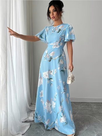 2026 Floral Bohemian φόρεμα γυναικών, στρογγυλή λαιμόκοψη, κοντά μανίκια, εφαρμοστό στη μέση, μακρύ φόρεμα
