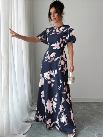 2026 Floral Bohemian φόρεμα γυναικών, στρογγυλή λαιμόκοψη, κοντά μανίκια, εφαρμοστό στη μέση, μακρύ φόρεμα