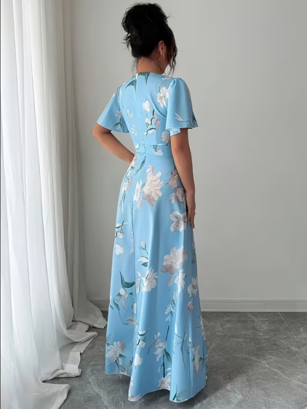 2026 Floral Bohemian φόρεμα γυναικών, στρογγυλή λαιμόκοψη, κοντά μανίκια, εφαρμοστό στη μέση, μακρύ φόρεμα