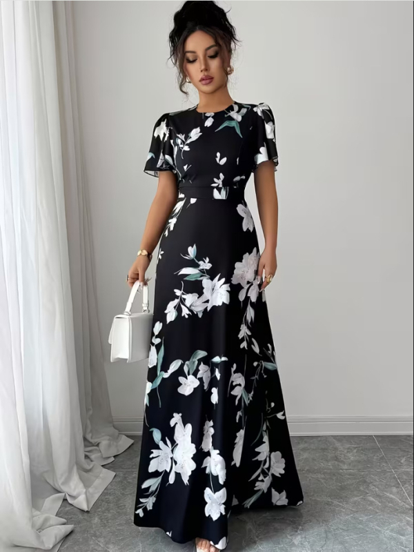 2026 Floral Bohemian φόρεμα γυναικών, στρογγυλή λαιμόκοψη, κοντά μανίκια, εφαρμοστό στη μέση, μακρύ φόρεμα