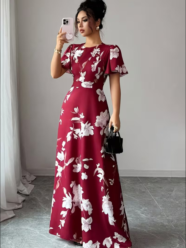 2026 Floral Bohemian φόρεμα γυναικών, στρογγυλή λαιμόκοψη, κοντά μανίκια, εφαρμοστό στη μέση, μακρύ φόρεμα