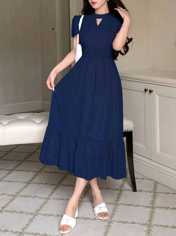 2026 Καλοκαιρινό φόρεμα από chiffon για πάρτι, με στρογγυλό λαιμό, χωρίς μανίκια, ψηλή μέση, τελείωμα σε σχήμα φύλλου λωτού με βολάν