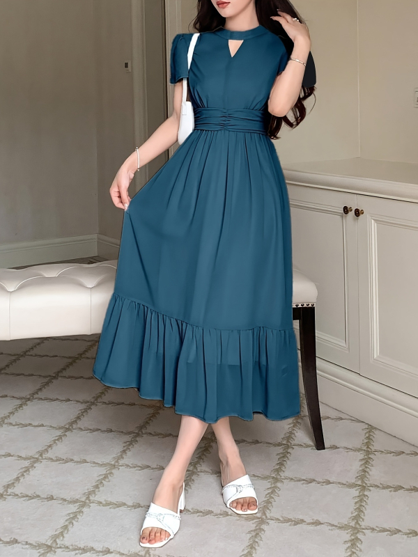 2026 Καλοκαιρινό φόρεμα από chiffon για πάρτι, με στρογγυλό λαιμό, χωρίς μανίκια, ψηλή μέση, τελείωμα σε σχήμα φύλλου λωτού με βολάν